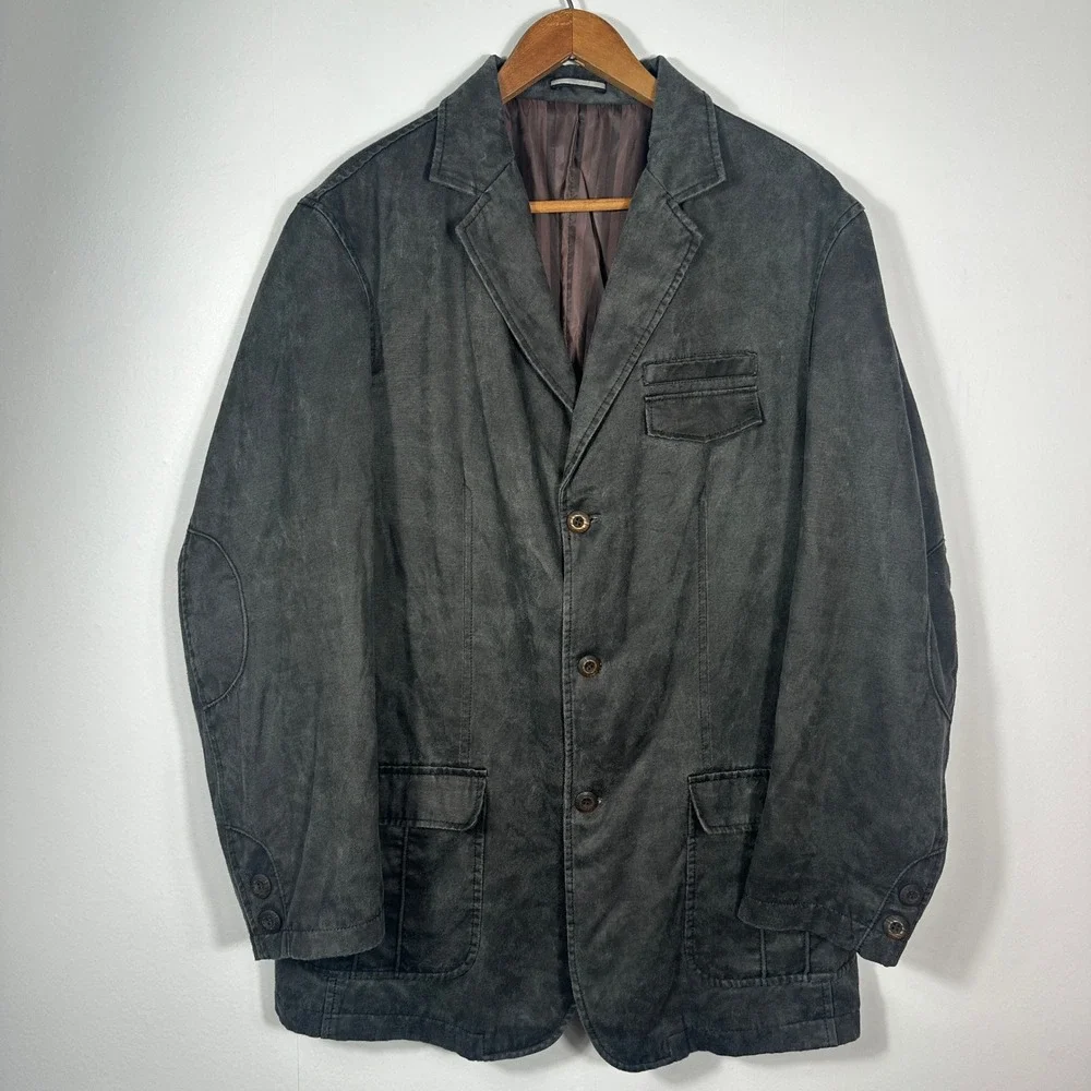 n Search Washed Black Cotton Blend Sport Coat Blazer Elbow Patch Men's L